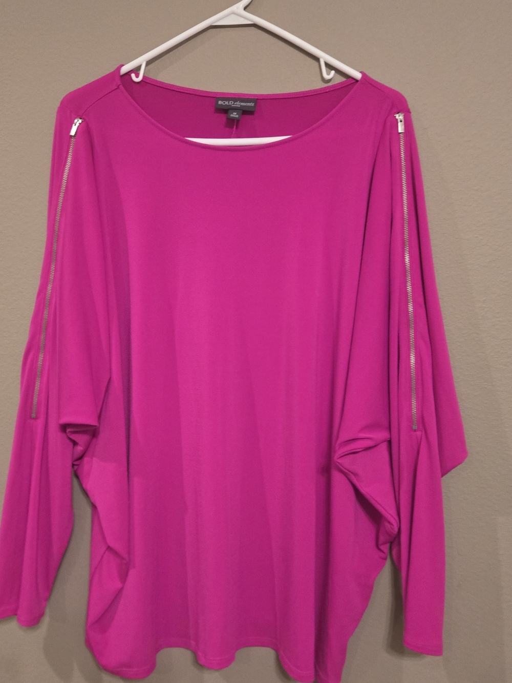 BOLD elements Hot Pink/purple Zip-Shoulder Dolman Long Sleeve Top, Size 1X